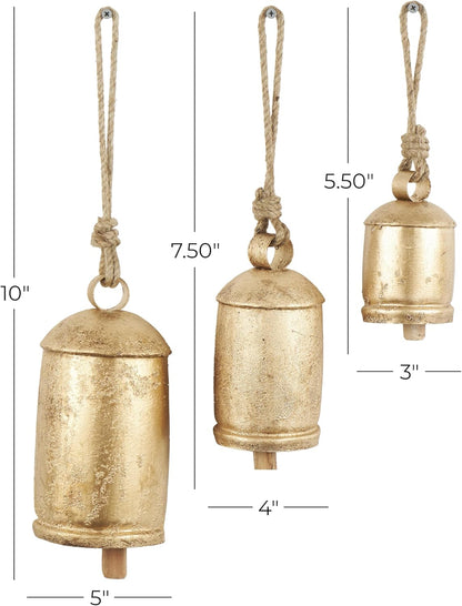 Deco 79 Gold Metal Tibetan Inspired Decorative Giant XL Cow Bells with Jute Hanging Rope, Set of 3 10",8",6"H - Cylindrical