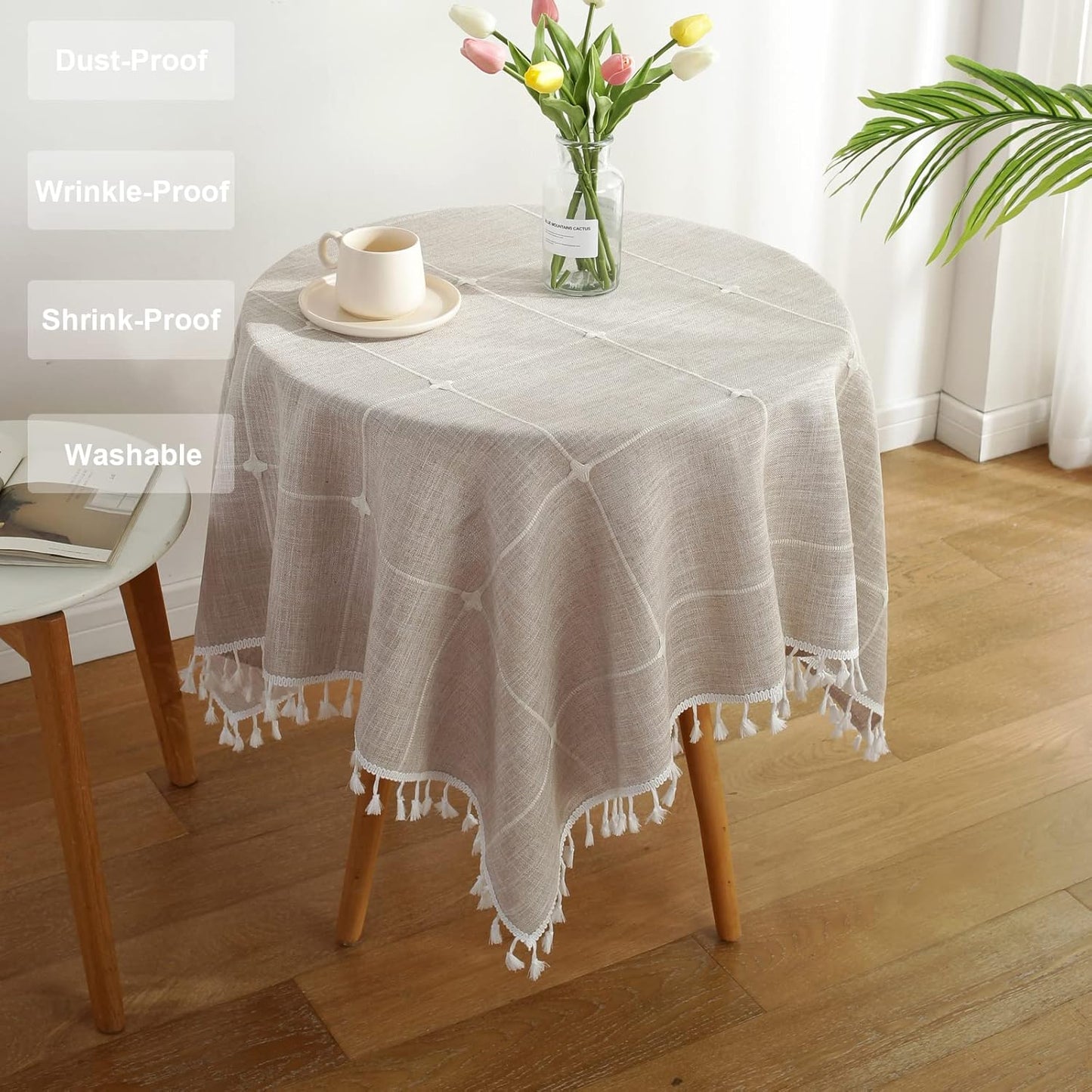 Square Lattice Small Tablecloth Cotton Linen Light Brown Dust-Proof Washable Boho Embroidery Table Cover Rustic Table Cloth for Coffee Party Kitchen Dining Tabletop Decoration 36 x 36 Inch