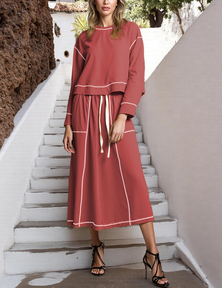 Women’s 2 Piece Skirt Sets Long Sleeve Crewneck Pullover Tops Drawstring Midi Skirt Lounge Set Fall Outfits
