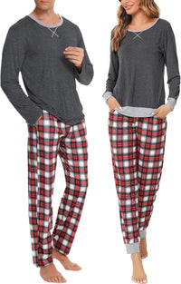 SWOMOG Couples Pajama Sets Women & Men Long Sleeve Sleepwear Top Plaid Pants Loungewear Set with Pockets