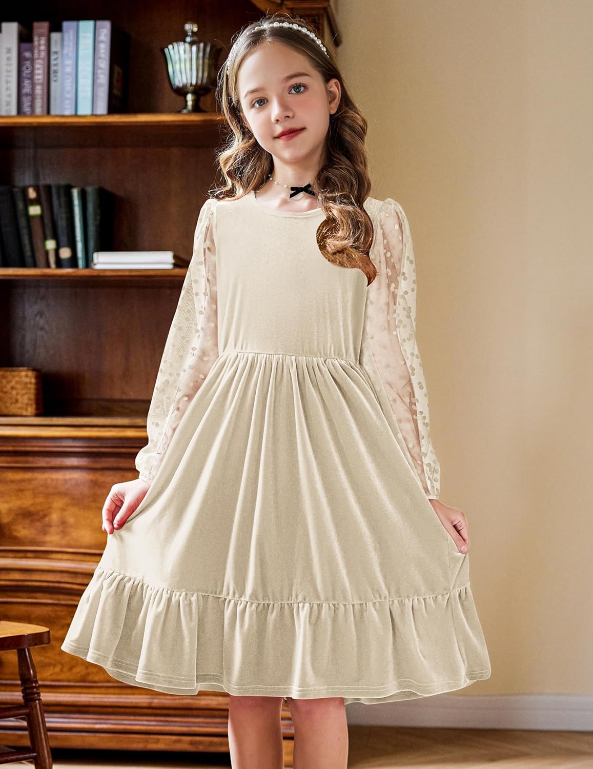 Arshiner Girls Dresses Contrast Mesh Velvet Long Sleeve A-Line Vintage Party Dress with Pockets