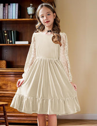 Arshiner Girls Dresses Contrast Mesh Velvet Long Sleeve A-Line Vintage Party Dress with Pockets