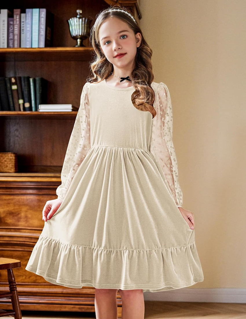 Arshiner Girls Dresses Contrast Mesh Velvet Long Sleeve A-Line Vintage Party Dress with Pockets
