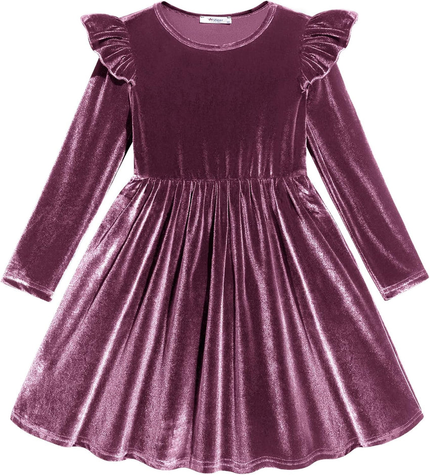 Arshiner Toddler Velvet Dress Little Girls Fall Winter Long Sleeve Ruffle Holiday Birthday Party Dresses with Pockets