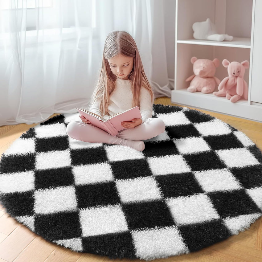 KICMOR Navy Blue and Cream White Rugs for Living Room, 4x6 Fluffy Fuzzy Shag Checkered Rug Shaggy Carpet for Bedroom, Soft Plush Area Rug for Nursery Toddler Room Classroom Study Room Kids Room