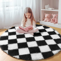 KICMOR Navy Blue and Cream White Rugs for Living Room, 4x6 Fluffy Fuzzy Shag Checkered Rug Shaggy Carpet for Bedroom, Soft Plush Area Rug for Nursery Toddler Room Classroom Study Room Kids Room