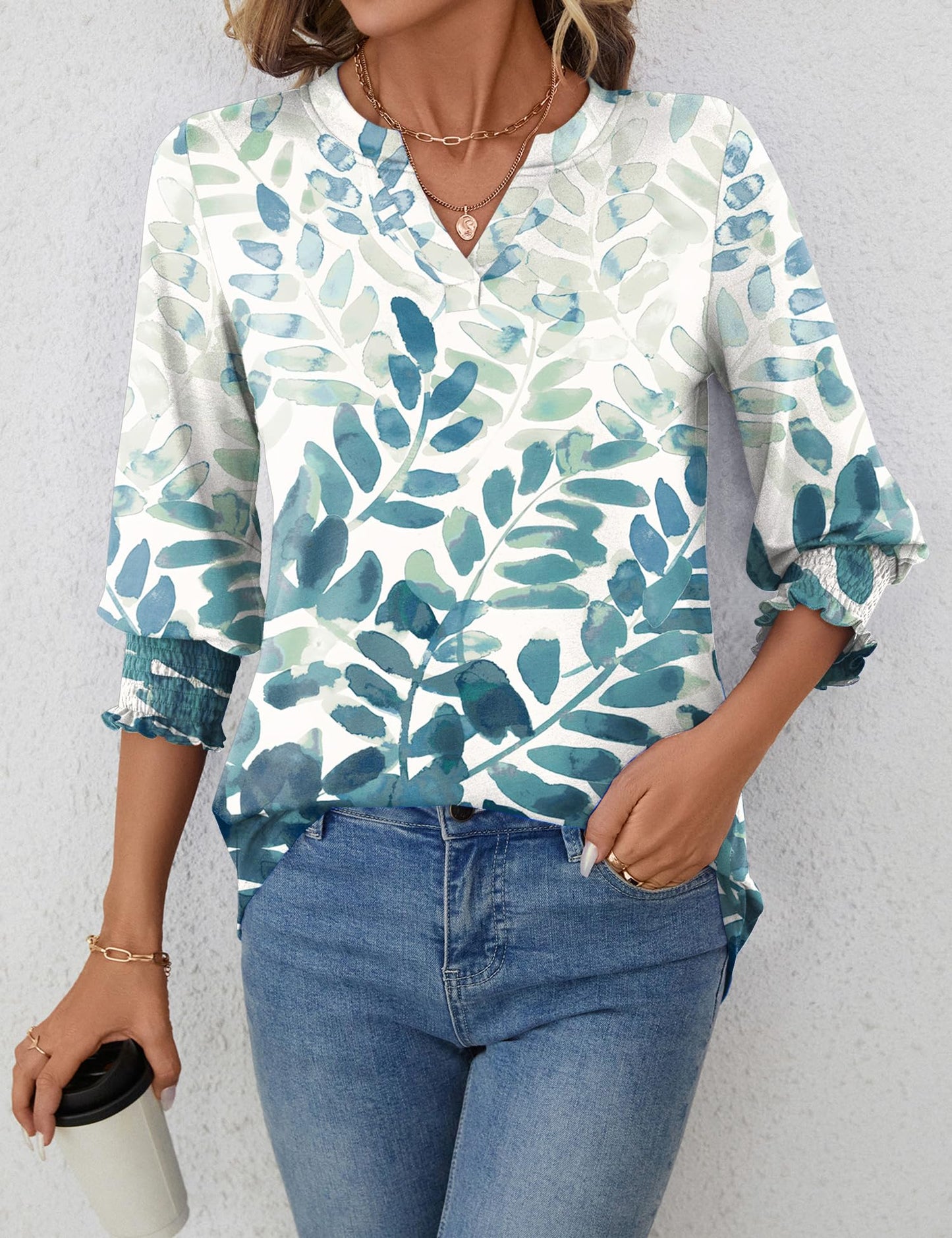 LOMON Blouses for Women Dressy Casual 3/4 Sleeve Tops for Women V Neck T Shirt Ladies Tops and Blouses Orange Blue Print L