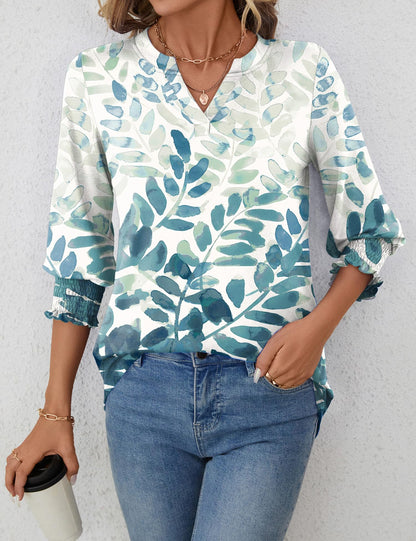 LOMON Blouses for Women Dressy Casual 3/4 Sleeve Tops for Women V Neck T Shirt Ladies Tops and Blouses Orange Blue Print L