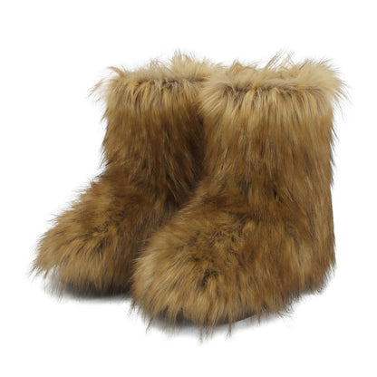 Wnshonzy Fur Boots for Women Snow Furry Fluffy Platform Flat Ankle Mini Boot Winter Round Toe Y2k Comfortable Mid-Calf Short Outdoor 2025