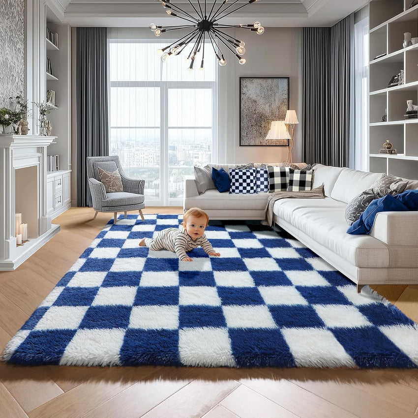 KICMOR Navy Blue and Cream White Rugs for Living Room, 4x6 Fluffy Fuzzy Shag Checkered Rug Shaggy Carpet for Bedroom, Soft Plush Area Rug for Nursery Toddler Room Classroom Study Room Kids Room