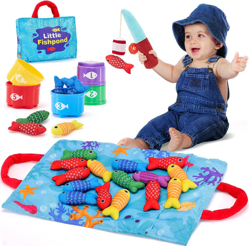 hahaland Toddler Toys Montessori Toys for 1 Year Old Boy Girl Birthday Gift - 10 in 1 Cloth Fishing Game Christmas Toddler Gifts 1-3 with Stacking Cups - Number Counting, Color Sorting Learning