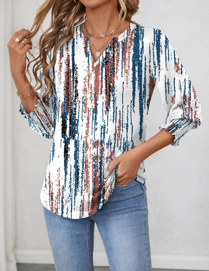 LOMON Blouses for Women Dressy Casual 3/4 Sleeve Tops for Women V Neck T Shirt Ladies Tops and Blouses Orange Blue Print L