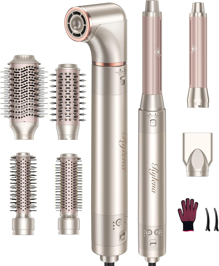 Deluxe 8-in-1 Air Styler Pro 2025 by Rylena, Hair Dryer Brush for Fast Drying, Auto Curling, Smoothing&Volumizing, 8 Attachable Heads, 110,000 RPM High-Speed Multi Styler, 600M Ionic Care, Stone