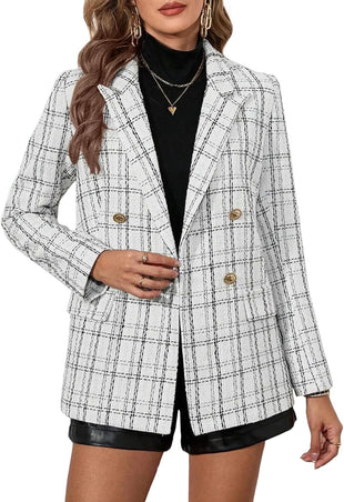 Mina Self 2025 Fall Women's Tweed Blazer Plaid - Fully-Lined Double-Breasted Fashion Slim Casual Office Work Jacket Pockets