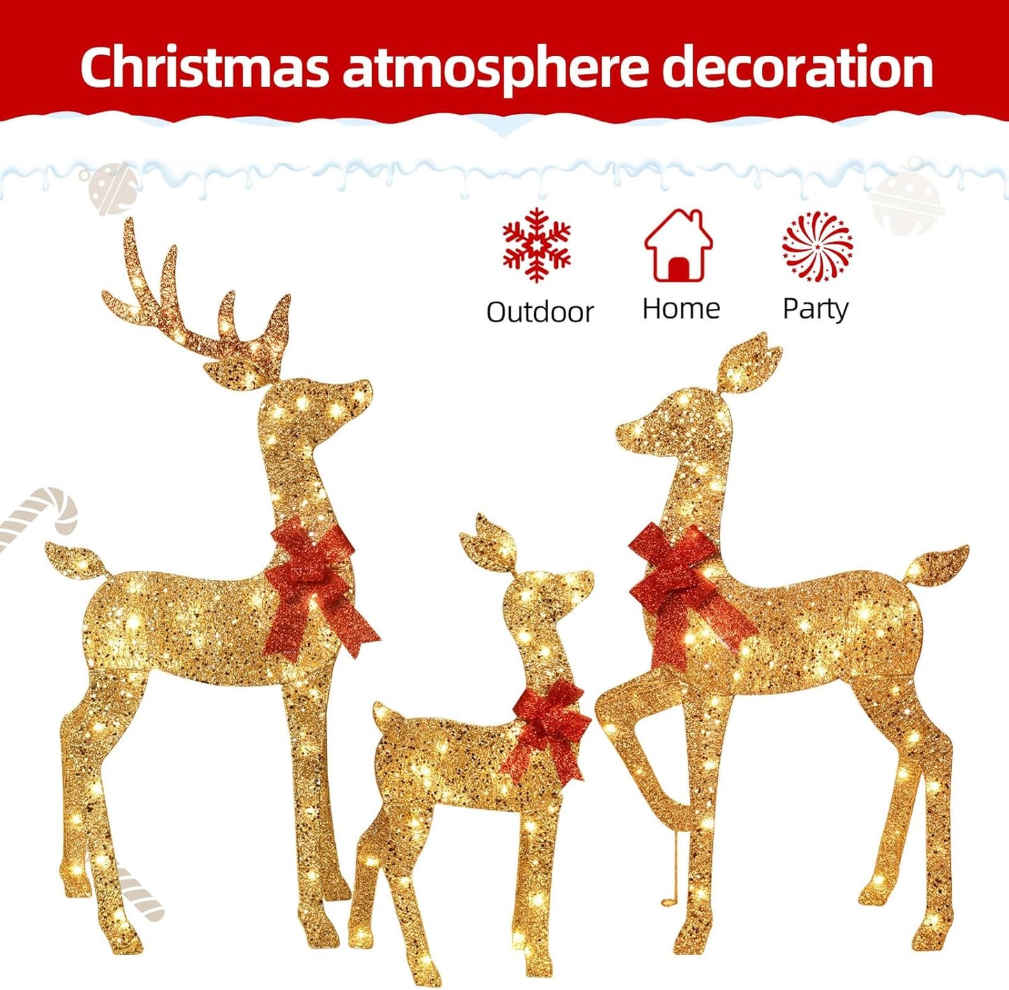 3-Piece 2D Lighted Christmas Deer Family Set - HOYECHI Large Outdoor Yard Reindeer Holiday Decoration with 145 LED Lights, Stakes, Zip Ties - Gold