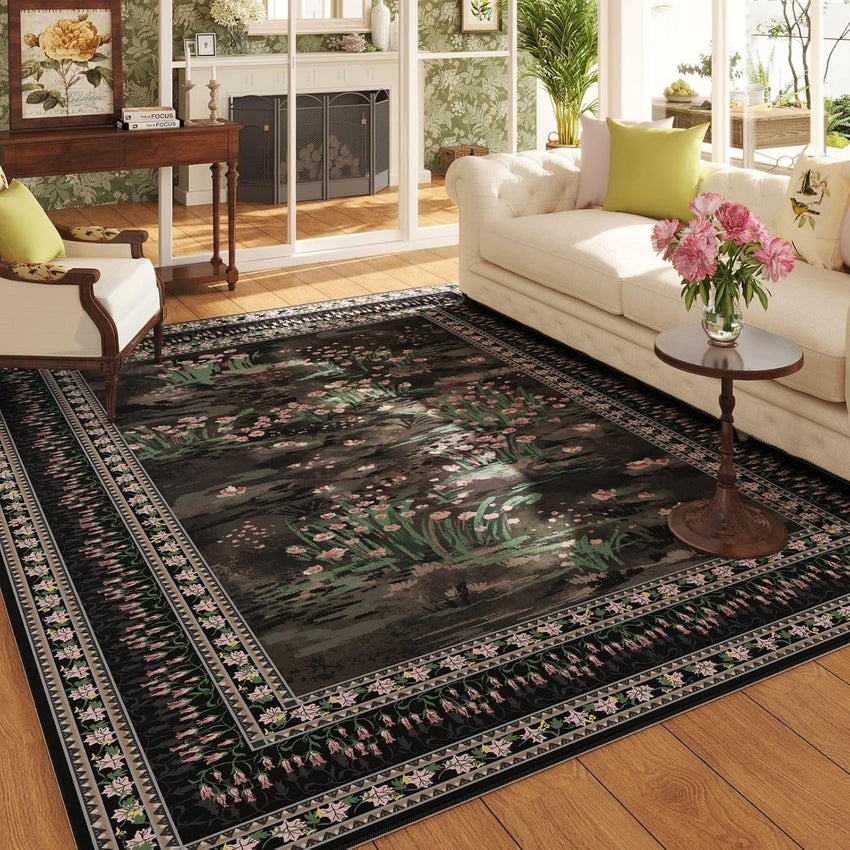Rugcomf 4x6 Rug for Bedroom Impressionist-Style Vintage Washable Rugs Non Slip Low Pile Small Carpet for Bedside Kids Room Office Dining Room, Green