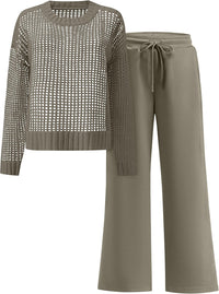 ANRABESS Womens 2 Piece Outfits Crochet Sheer Knit Sweater Top Wide Leg Pants Lounge Sets Sweatsuit 2025 Fall Travel Clothes