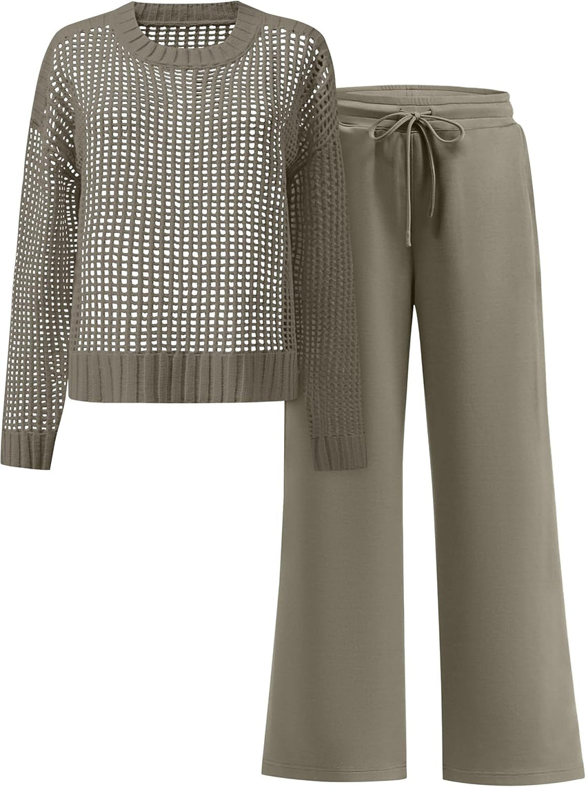 ANRABESS Womens 2 Piece Outfits Crochet Sheer Knit Sweater Top Wide Leg Pants Lounge Sets Sweatsuit 2025 Fall Travel Clothes