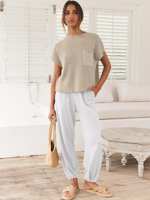 ANRABESS Women's Two Piece Outfits Knit Sweater Vest Crop Top Pants Lounge Matching Tracksuit Sweatsuit Travel Clothes Sets