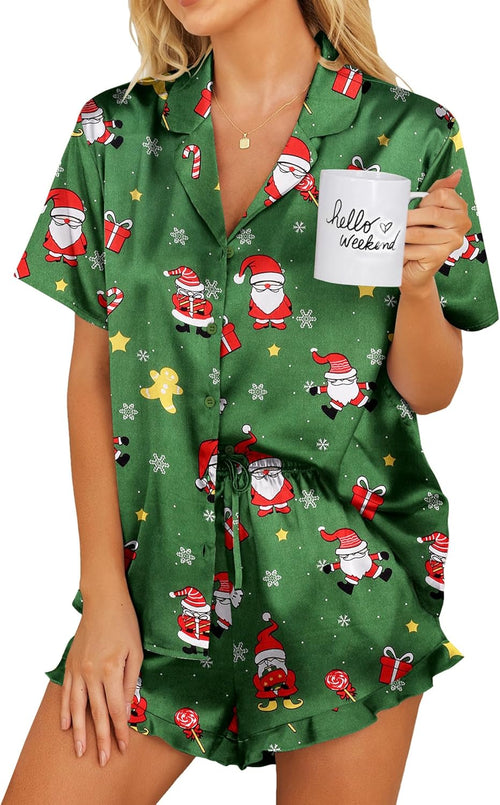 Ekouaer Womens Satin Pajamas Set Button Down 2 Piece Silk Pjs Shorts Set Ruffle Lingerie Notch Collar Sleepwear