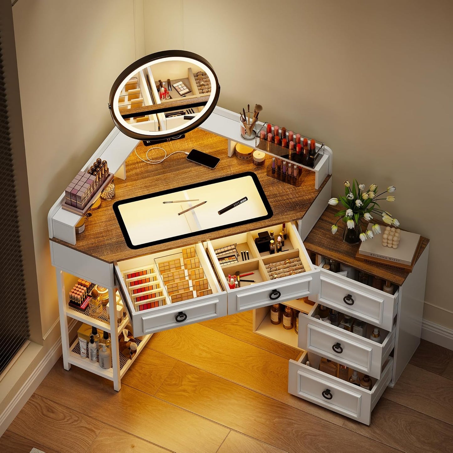 Makeup Vanity Desk with Mirror and Lights,Small Vanity Desk Set with Charging Station & Glass Top,Compact Dressing Table with Jewelry Cabinet & Storage Wheel Stool for Bedroom, Rustic Brown