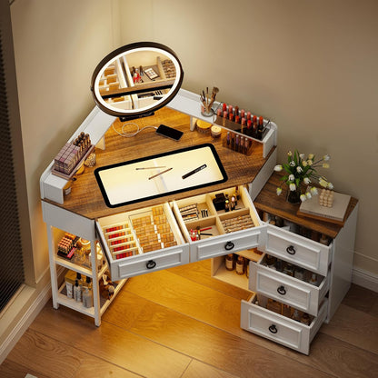 Makeup Vanity Desk with Mirror and Lights,Small Vanity Desk Set with Charging Station & Glass Top,Compact Dressing Table with Jewelry Cabinet & Storage Wheel Stool for Bedroom, Rustic Brown