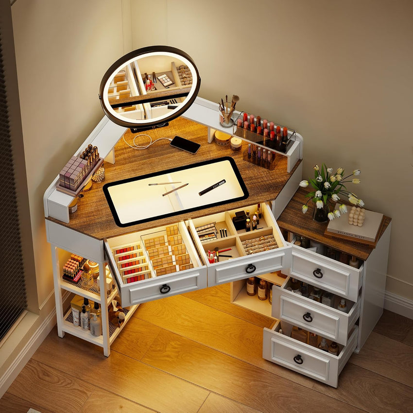 Makeup Vanity Desk with Mirror and Lights,Small Vanity Desk Set with Charging Station & Glass Top,Compact Dressing Table with Jewelry Cabinet & Storage Wheel Stool for Bedroom, Rustic Brown