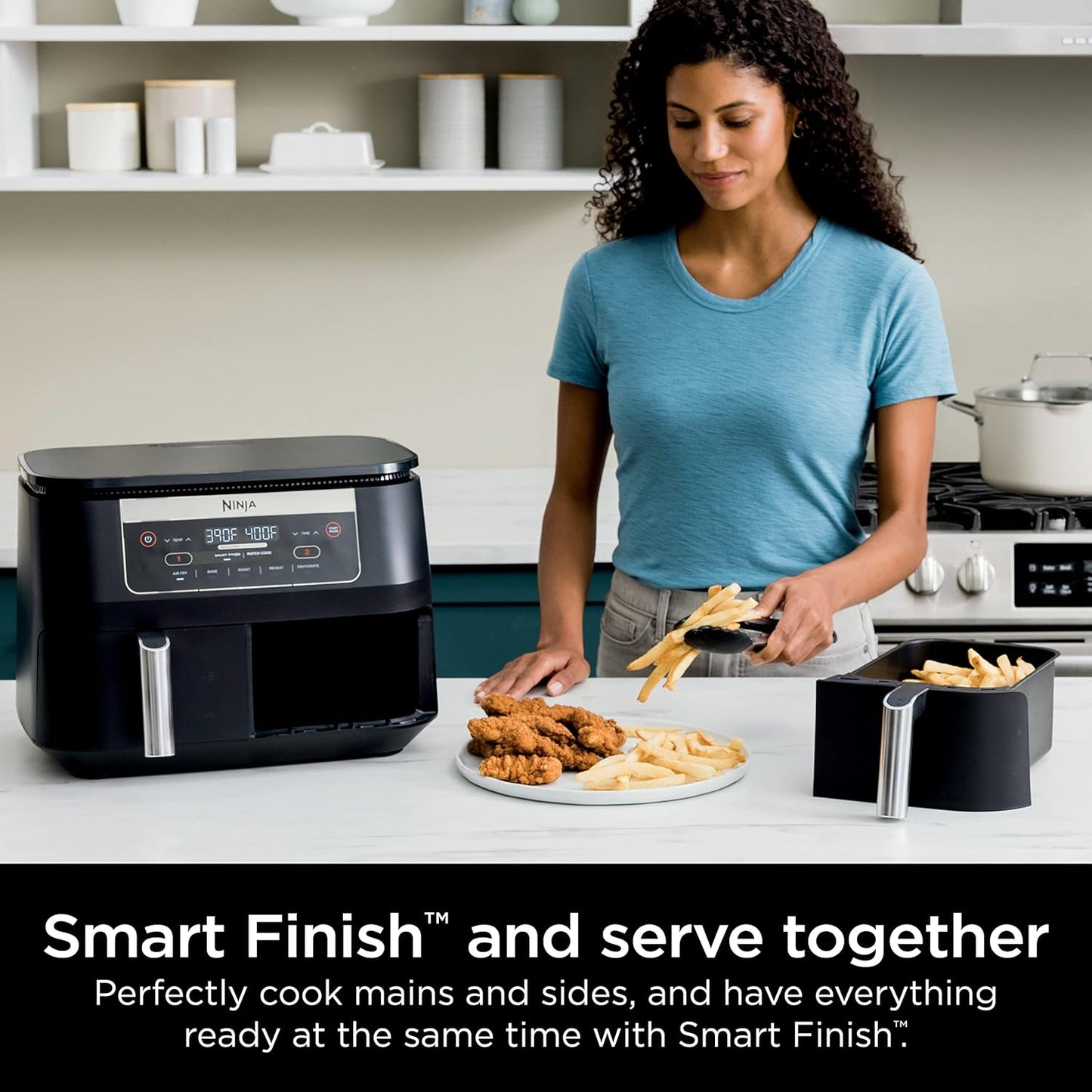 Ninja DZ090 6-Quart Dual-Zone 2-Basket Air Fryer - Roast, Bake, Dehydrate (Renewed)
