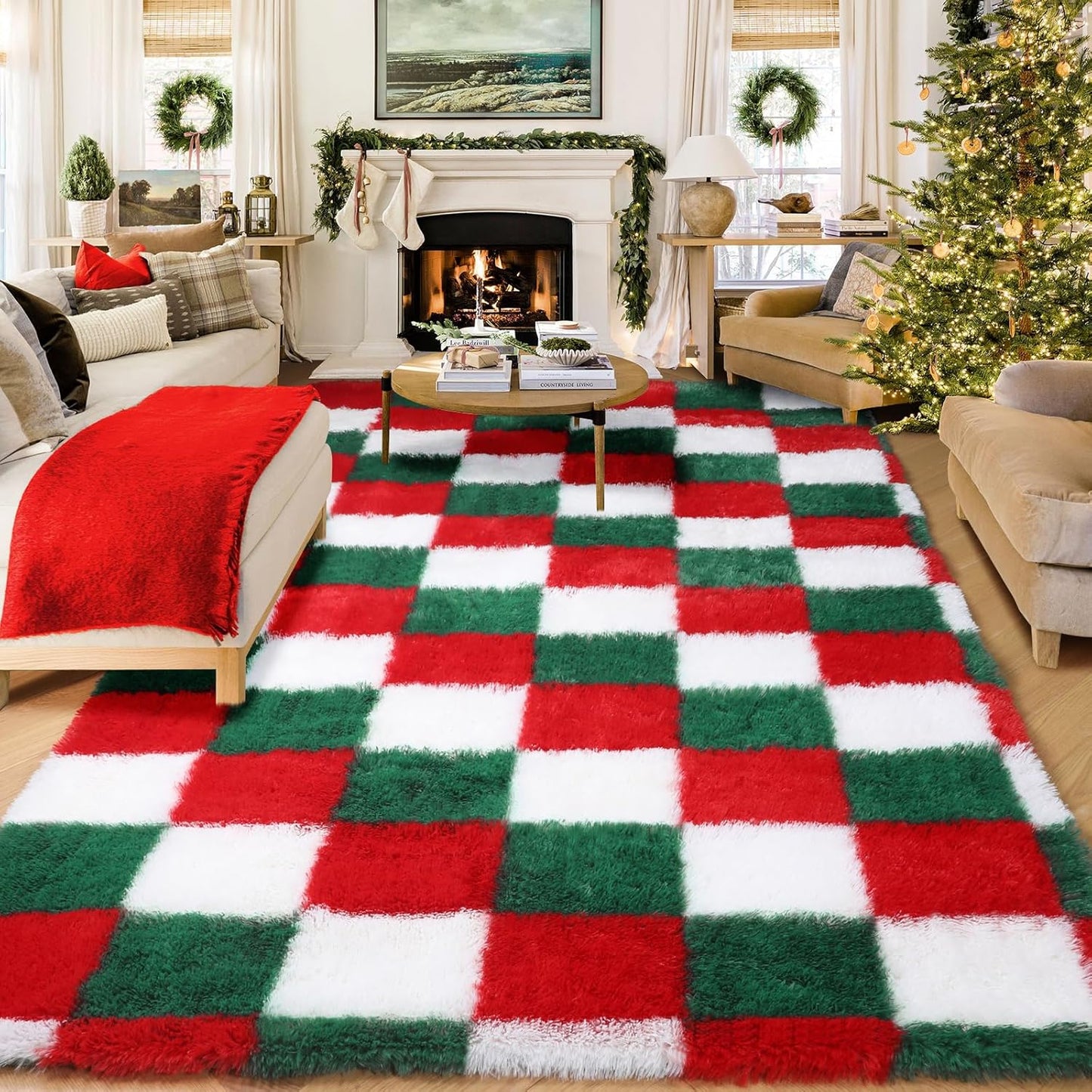 KICMOR Navy Blue and Cream White Rugs for Living Room, 4x6 Fluffy Fuzzy Shag Checkered Rug Shaggy Carpet for Bedroom, Soft Plush Area Rug for Nursery Toddler Room Classroom Study Room Kids Room