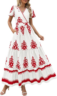 PRETTYGARDEN Womens 2025 Summer Casual V Neck Boho Maxi Dress Flowy Aline Bell Sleeve Tiered Floral Dresses with Pocket