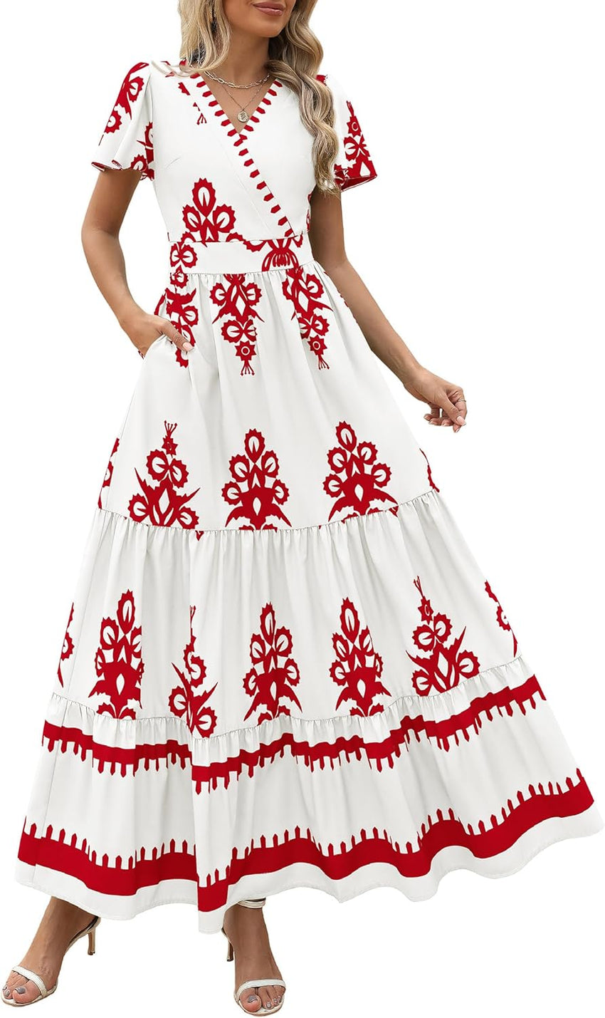 PRETTYGARDEN Womens 2025 Summer Casual V Neck Boho Maxi Dress Flowy Aline Bell Sleeve Tiered Floral Dresses with Pocket