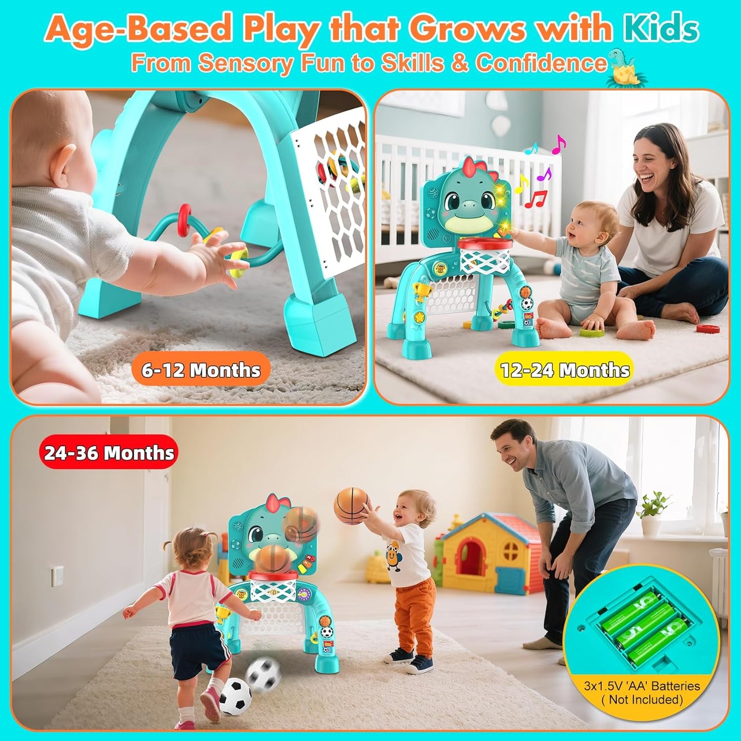 Dinosaur Kids Sports Play Toy: 4-in-1 Multifunction Indoor Outdoor Activity – Basketball Toss, Ring Throw, Ball Play & Music Lights to Improve Motor Skills, Birthday Gift for Boys Girls Age 1-3