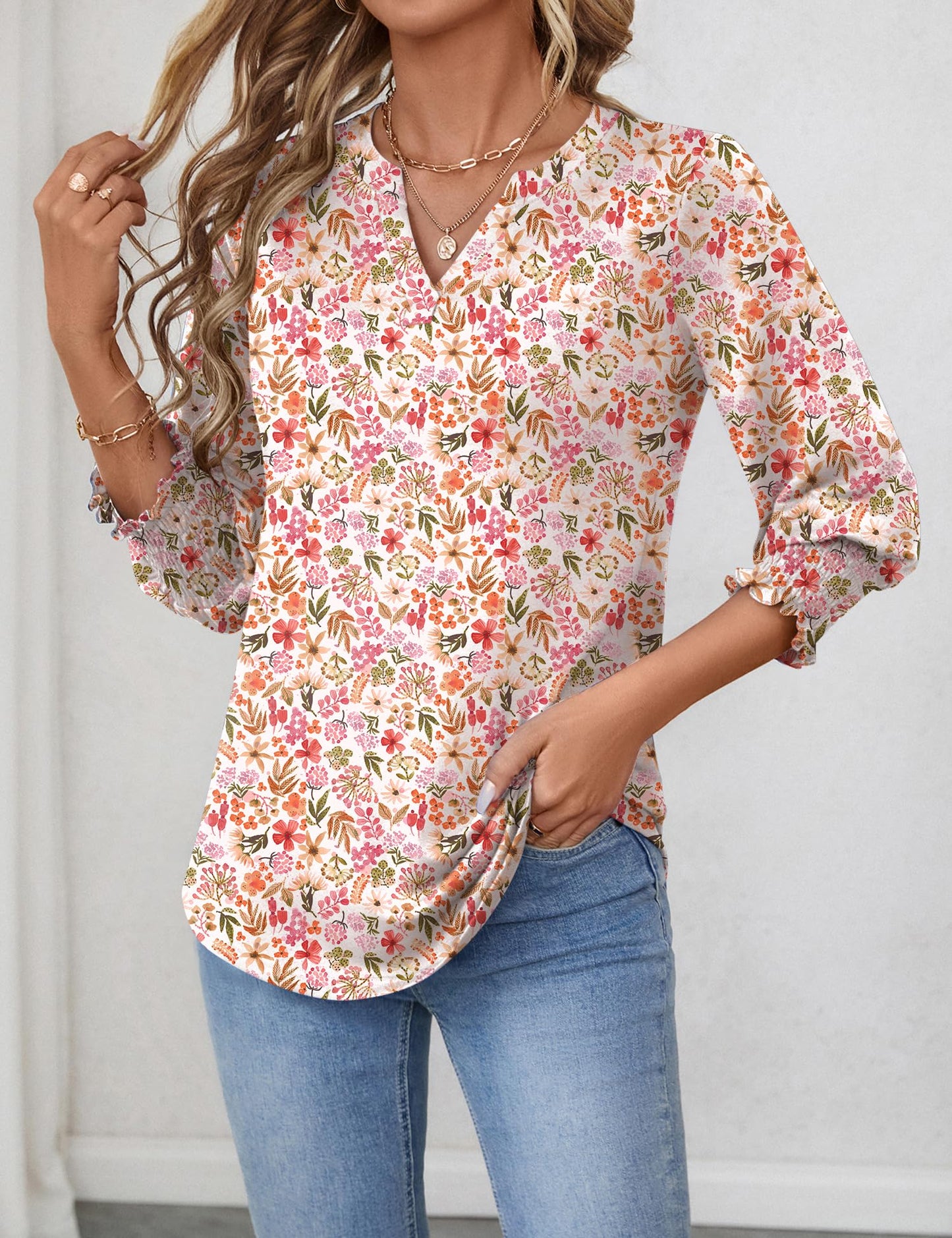 LOMON Blouses for Women Dressy Casual 3/4 Sleeve Tops for Women V Neck T Shirt Ladies Tops and Blouses Orange Blue Print L