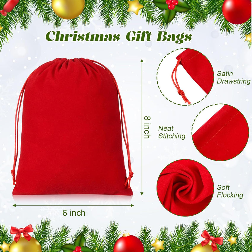 SilTriangle 48 Pcs Christmas Drawstring Gift Bags Bulk Small Cloth Christmas Sack Fabric Holiday Wrapping Pouches Xmas Drawstring Bags for Party Favor DIY Present Candy Goodie 6 x 8'', Red Green White