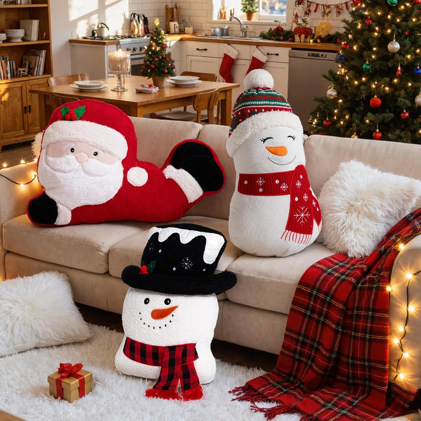 Lanpn Christmas Santa Snowman Throw Pillows Set of 2, Christmas Decoration Winter White Throw Pillows Soft Fleece Cute Throw Cushion for Sofa Bedroom Xmas Decor (19.5x17 inch & 18x14 inch)