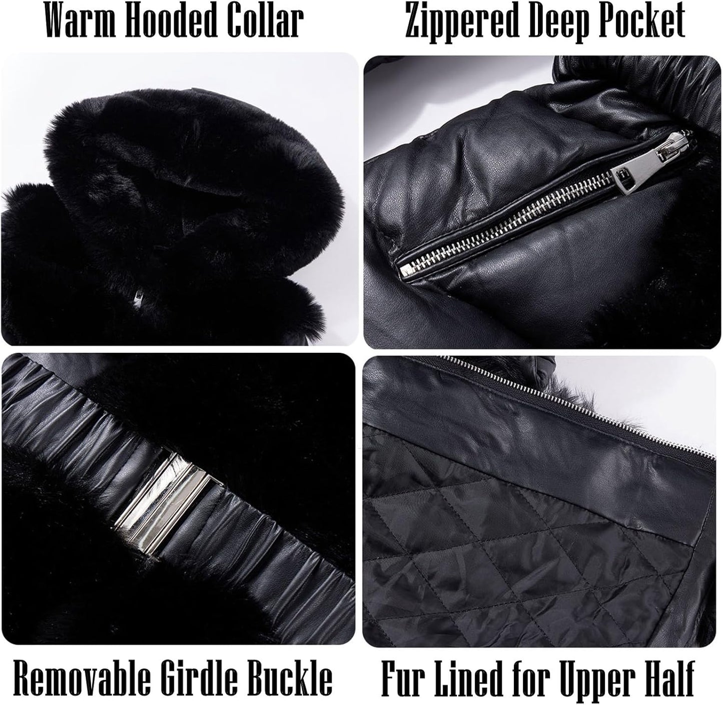 RISISSIDA Women Winter Fur Lined Coat,Puffer Jacket with Long Fur Trim Hooded,Warm Leather Bubble Overcoat Cold-resistant