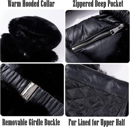 RISISSIDA Women Winter Fur Lined Coat,Puffer Jacket with Long Fur Trim Hooded,Warm Leather Bubble Overcoat Cold-resistant