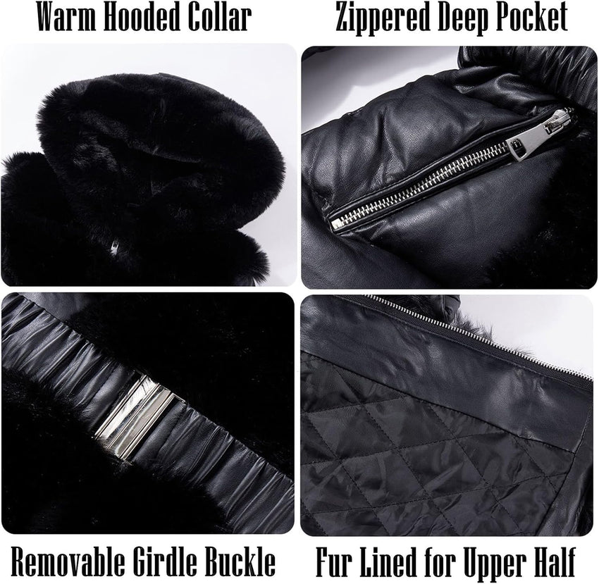 RISISSIDA Women Winter Fur Lined Coat,Puffer Jacket with Long Fur Trim Hooded,Warm Leather Bubble Overcoat Cold-resistant