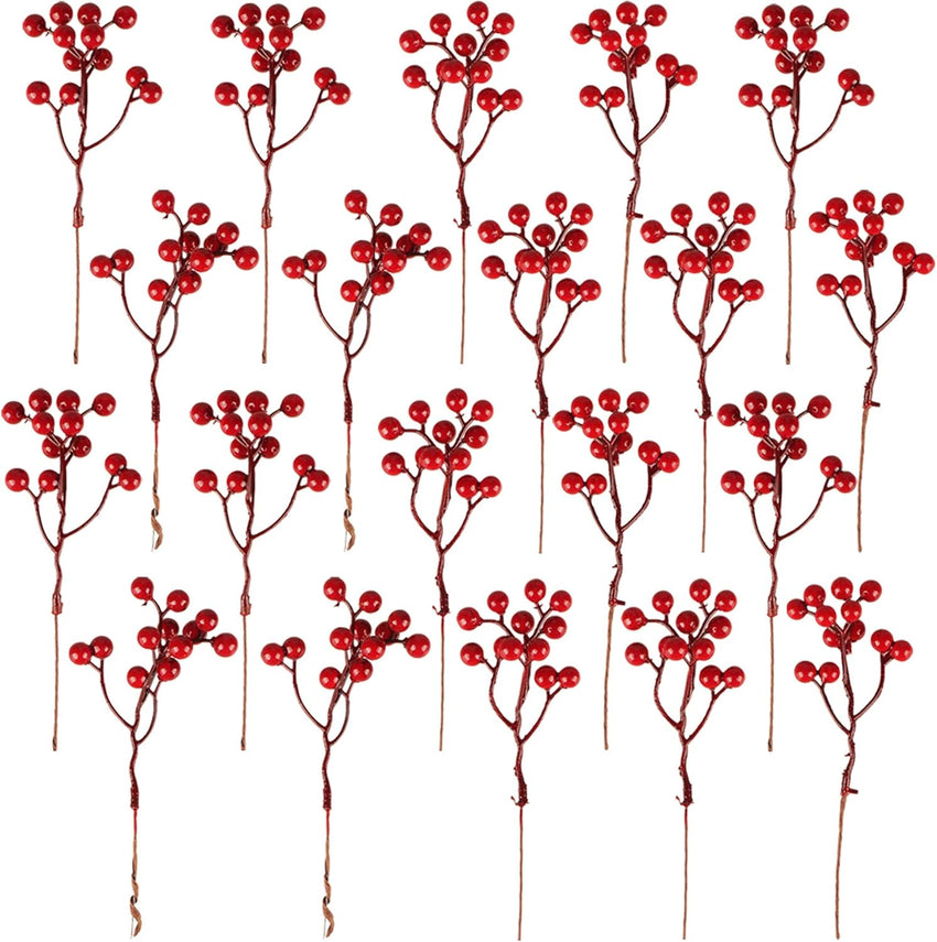 Fangoo 20 Pack 7 Inch Artificial Red Berry Picks for Christmas Tree Burgundy Red Berries Stems Holly Berry Branches Ornaments Wreath Crafts Wedding Holiday Season Winter Home Decor