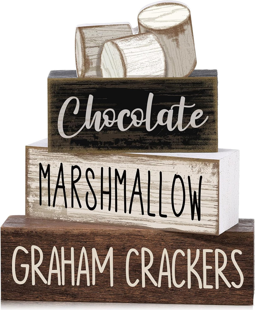 4 Pcs Christmas Table Decor Wooden Hot Cocoa Decoration Christmas Centerpiece Winter Tiered Tray Decor Decorative Red Hot Cocoa Block Signs Gift Farmhouse Xmas Decoration for Home Kitchen