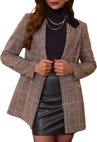 Mina Self 2025 Fall Women's Plaid Blazer - Houndstooth Long Double-Breasted Fully-Lined Slim Casual Work Office Jacket