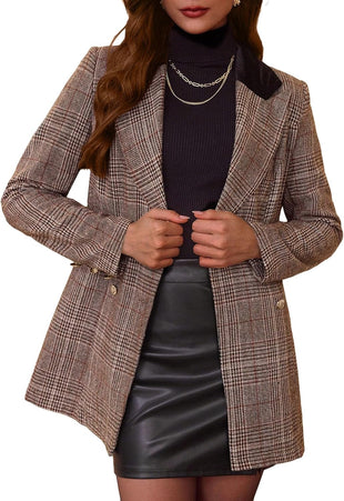 Mina Self 2025 Fall Women's Plaid Blazer - Houndstooth Long Double-Breasted Fully-Lined Slim Casual Work Office Jacket