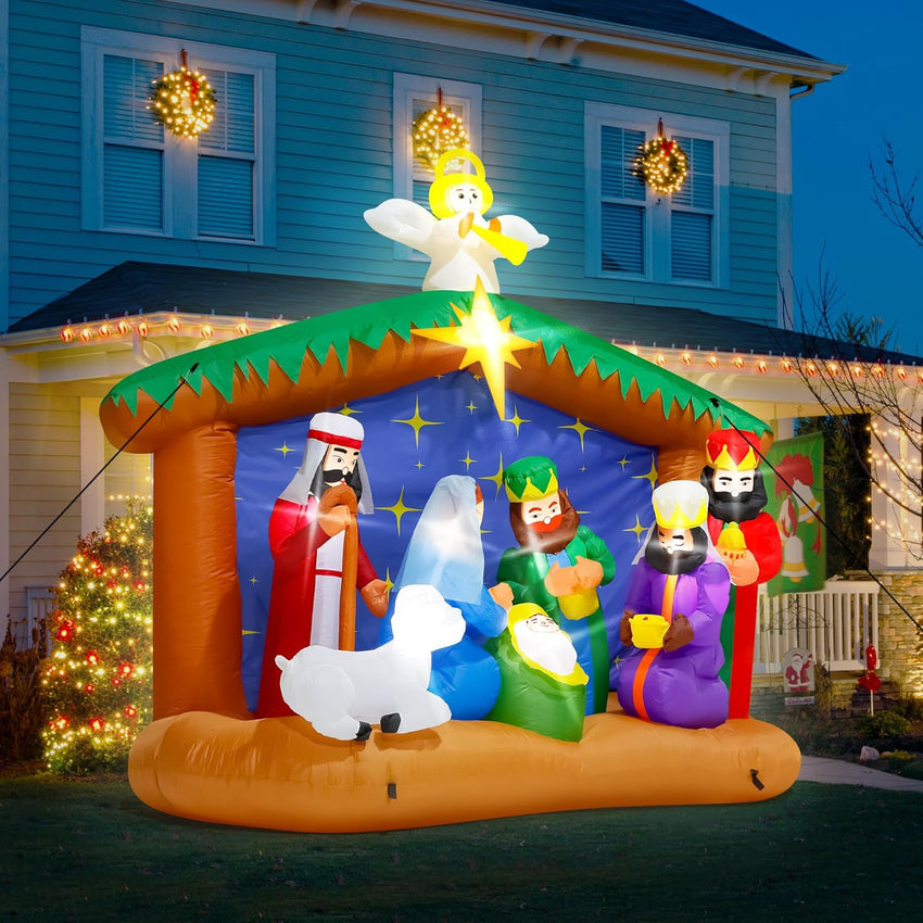 8FT Christmas Inflatables Nativity Scene, Blow Up Christmas Nativity Scene, LED Lighted The Birth of Jesus Scene Inflatables Decor, Christmas Outdoor Inflatable Decor for Xmas Yard Lawn Patio