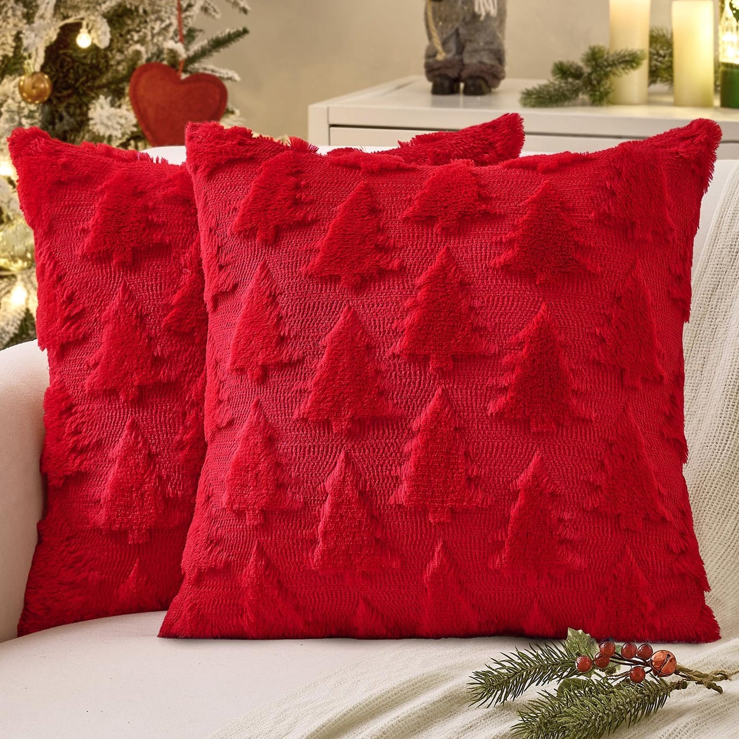 MIULEE Christmas Throw Pillow Covers Dark Green Christmas Decorations Set of 2 Xmas Tree 18x18 Pillow Covers Soft Plush Faux Wool Pillowcases Holiday Festivals Winter Home Decor Sofa Couch Bed Porch