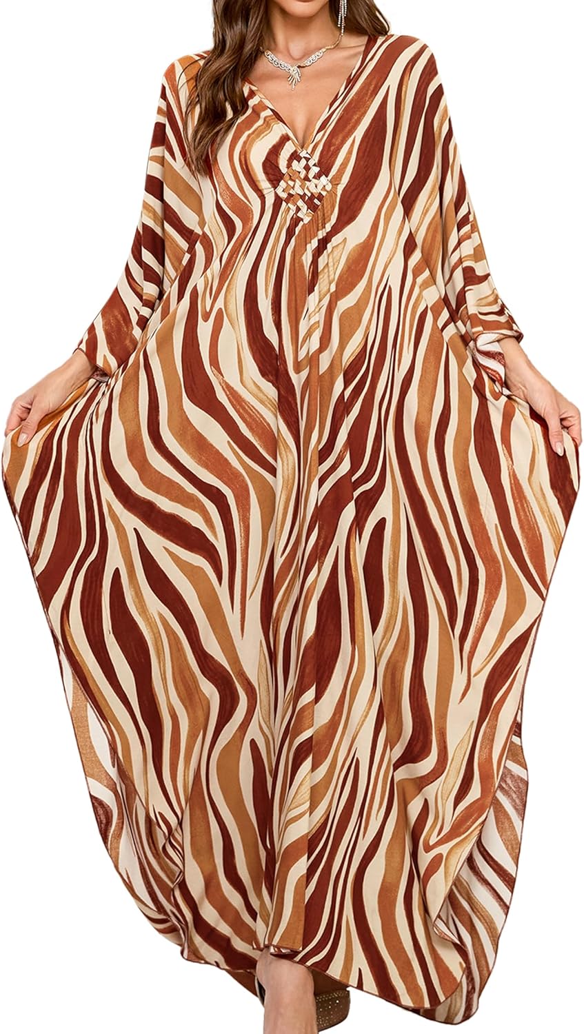 Women Kaftan Dresses Plus Size V-Neck Batwing Sleeves Beach Cover Up 2025 Summer Floral Print Caftan Dress