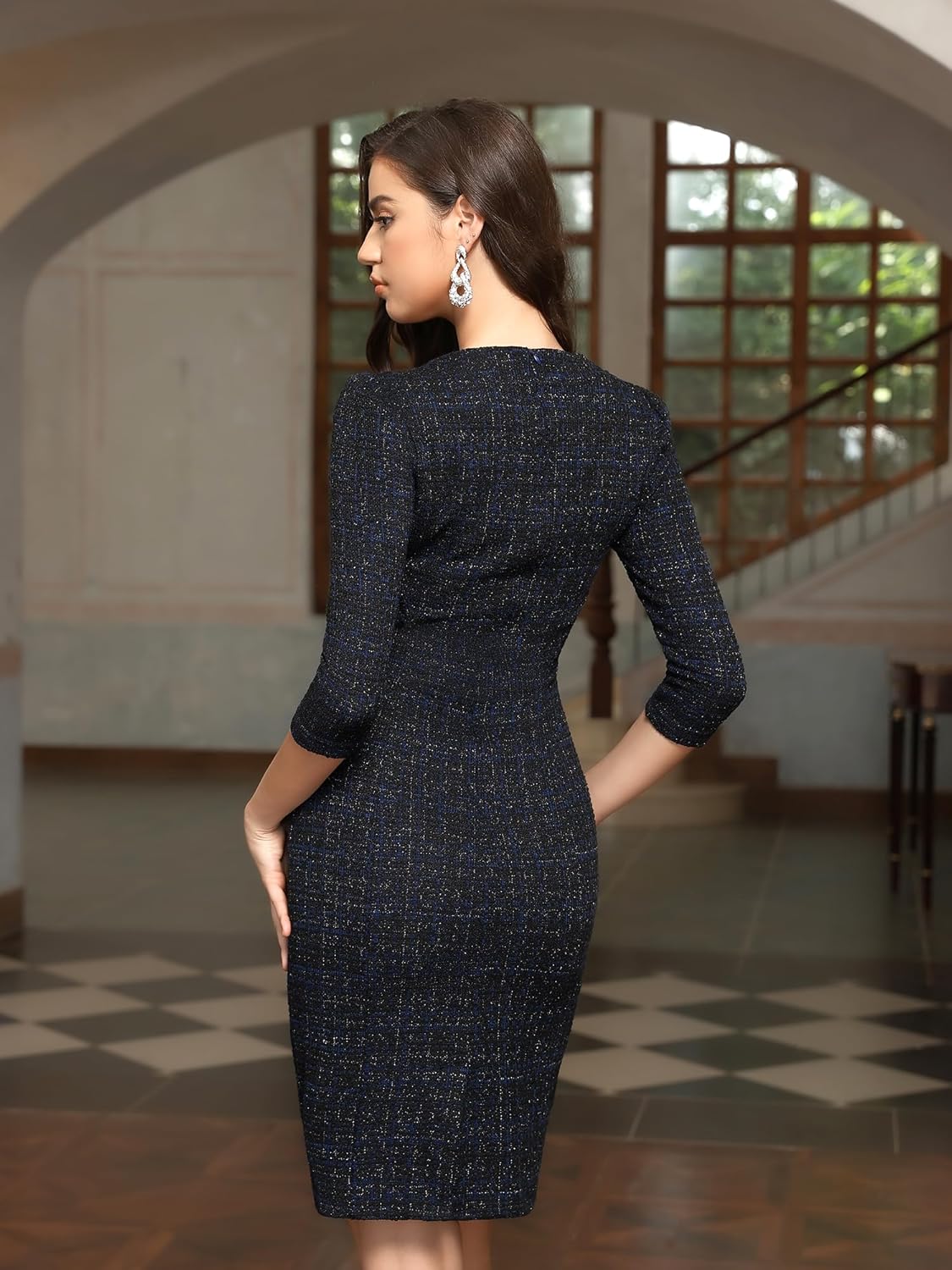 M.Infisavo Sheath Dresses for Women 2025 Notch V Neck 3/4 Sleeves Slim Fit Office Pencil Dress