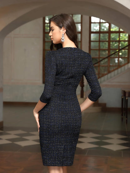 M.Infisavo Sheath Dresses for Women 2025 Notch V Neck 3/4 Sleeves Slim Fit Office Pencil Dress