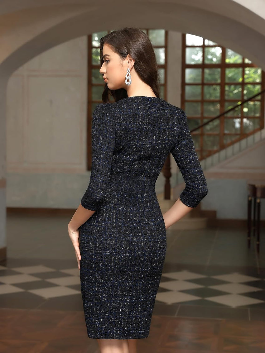 M.Infisavo Sheath Dresses for Women 2025 Notch V Neck 3/4 Sleeves Slim Fit Office Pencil Dress