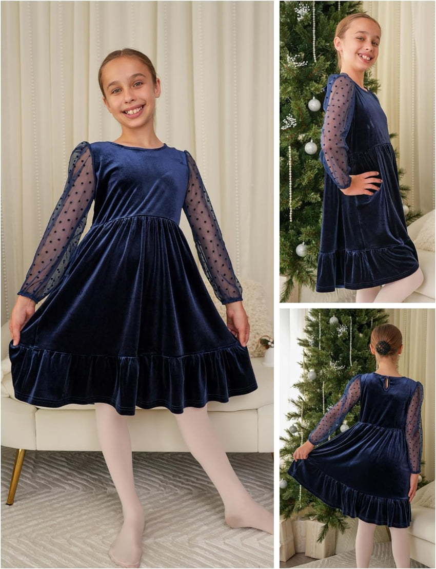 Arshiner Girls Dresses Contrast Mesh Velvet Long Sleeve A-Line Vintage Party Dress with Pockets
