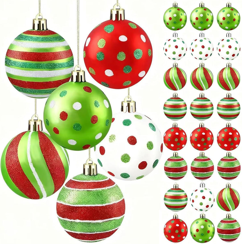 24PCS Christmas Ornaments 2.4"– Dazzling Shatterproof Xmas Tree Balls, Abundant Red/Green/White Pre-Tied Christmas Balls Hanging Ornaments for Holiday Parties, Large Trees Home Decor & Offices